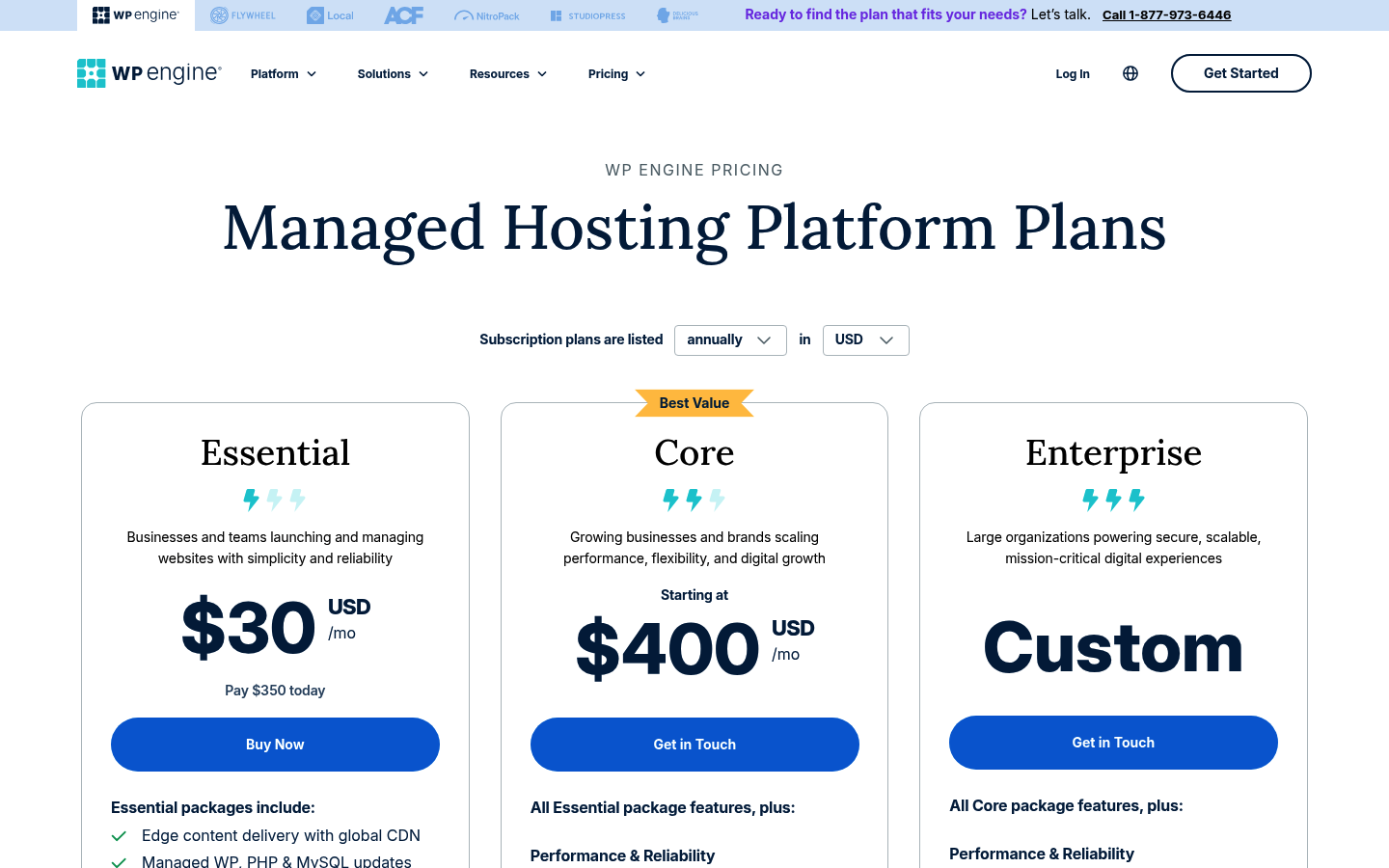 Screenshot of WP Engine's pricing page showing its plans and prices