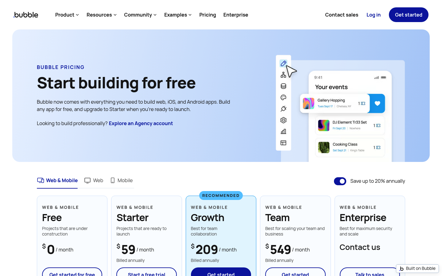 Screenshot of Bubble's pricing page showing its plans and prices