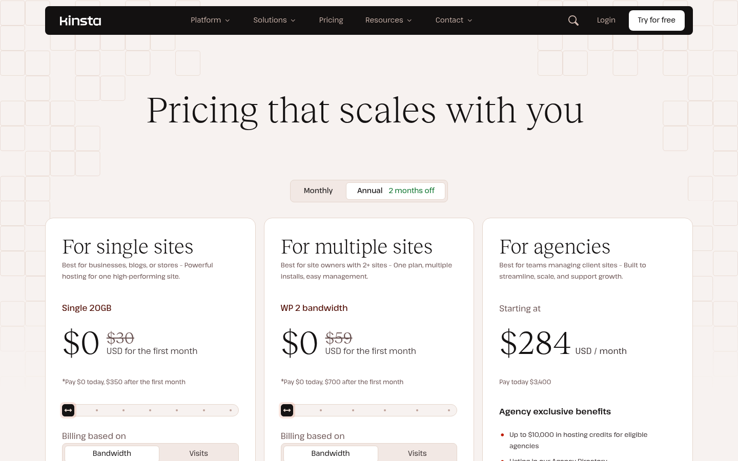 Screenshot of Kinsta's pricing page showing its plans and prices