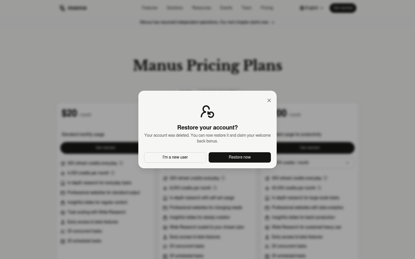 Screenshot of Manus's pricing page showing its plans and prices