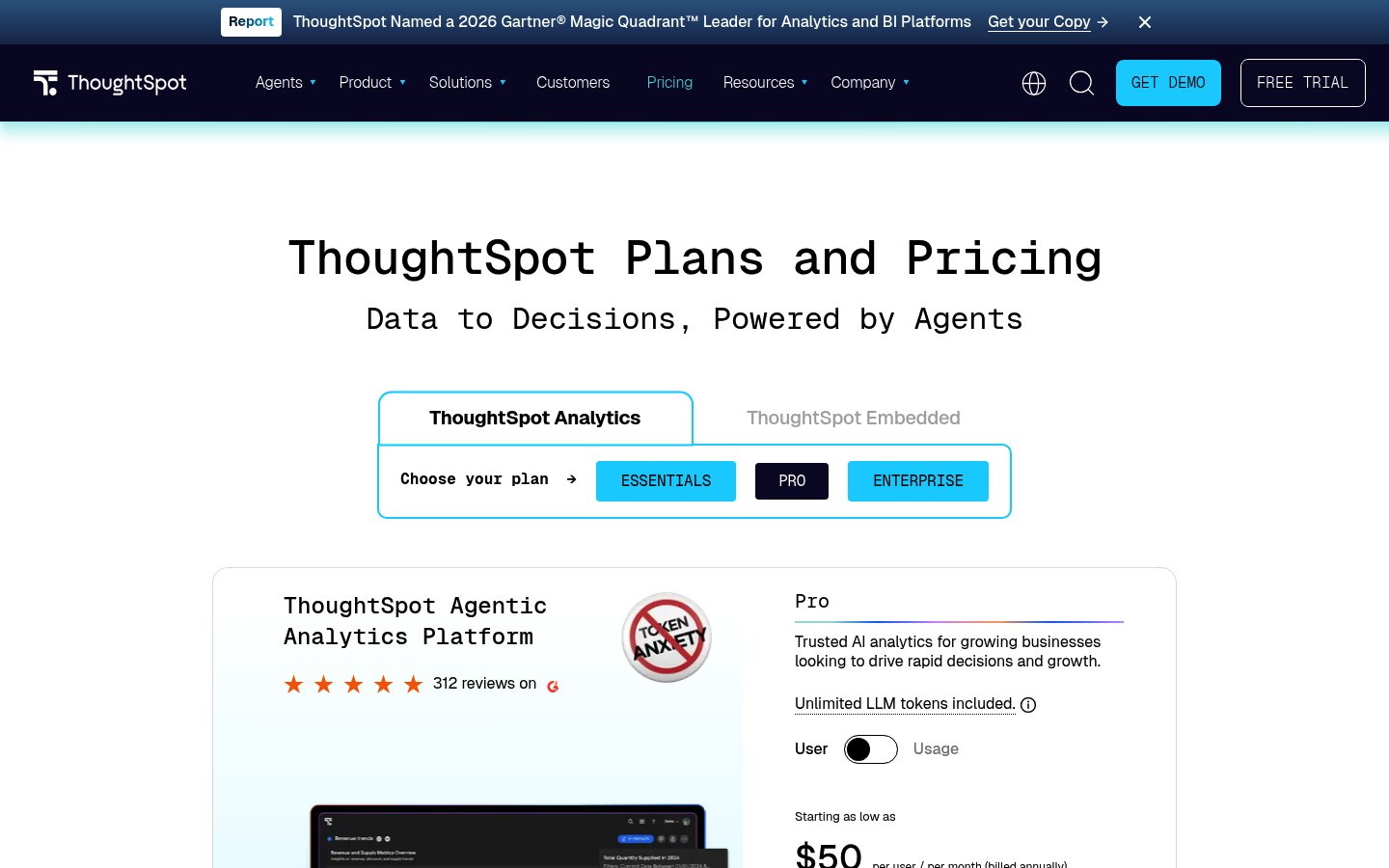 Screenshot of ThoughtSpot's pricing page showing its plans and prices