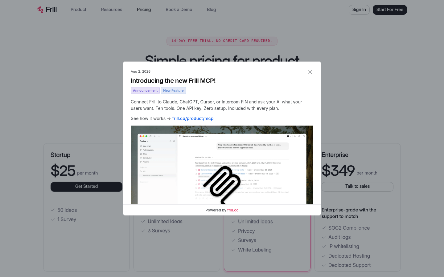 Screenshot of Frill's pricing page showing its plans and prices