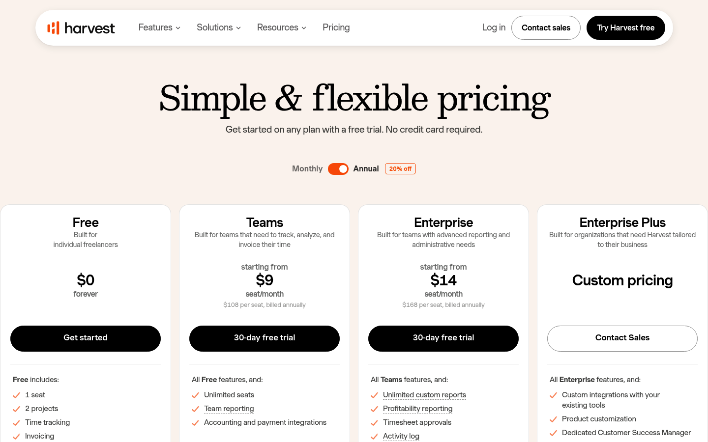Screenshot of Harvest's pricing page showing its plans and prices