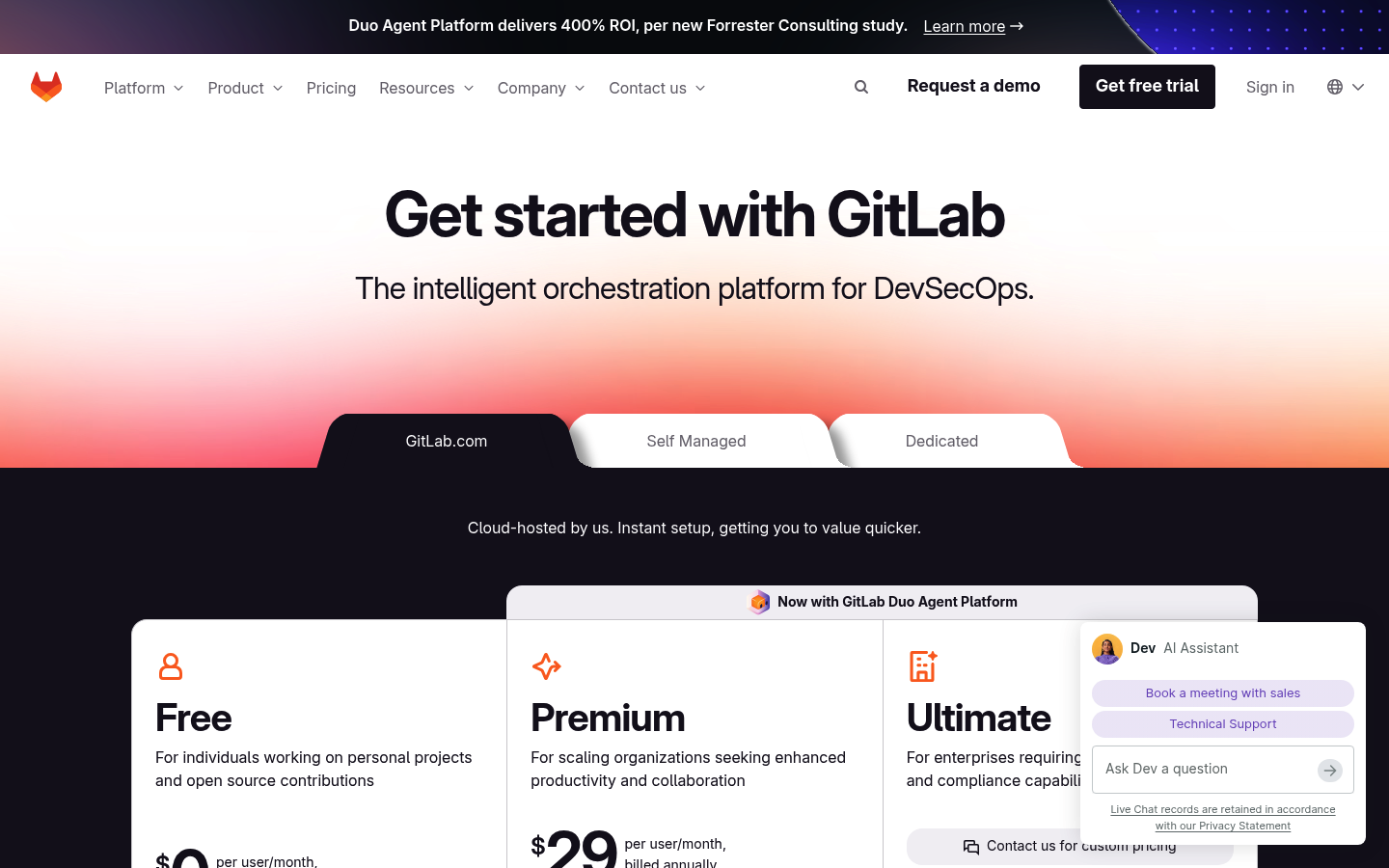 Screenshot of GitLab's pricing page showing its plans and prices