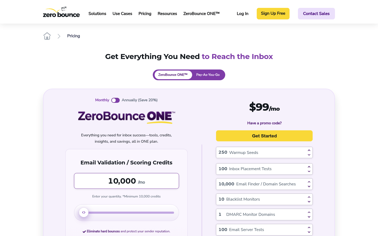 Screenshot of ZeroBounce's pricing page showing its plans and prices