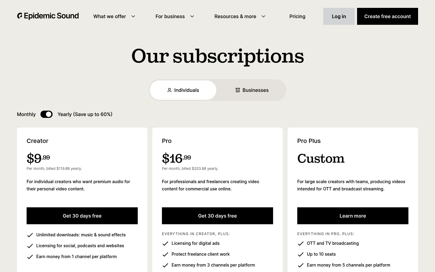 Screenshot of Epidemic Sound's pricing page showing its plans and prices