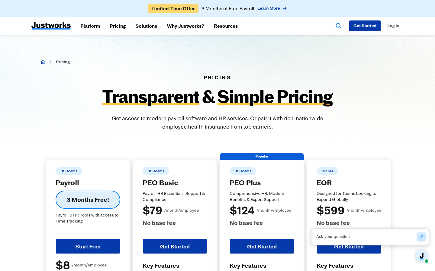 Screenshot of Justworks's pricing page showing its plans and prices