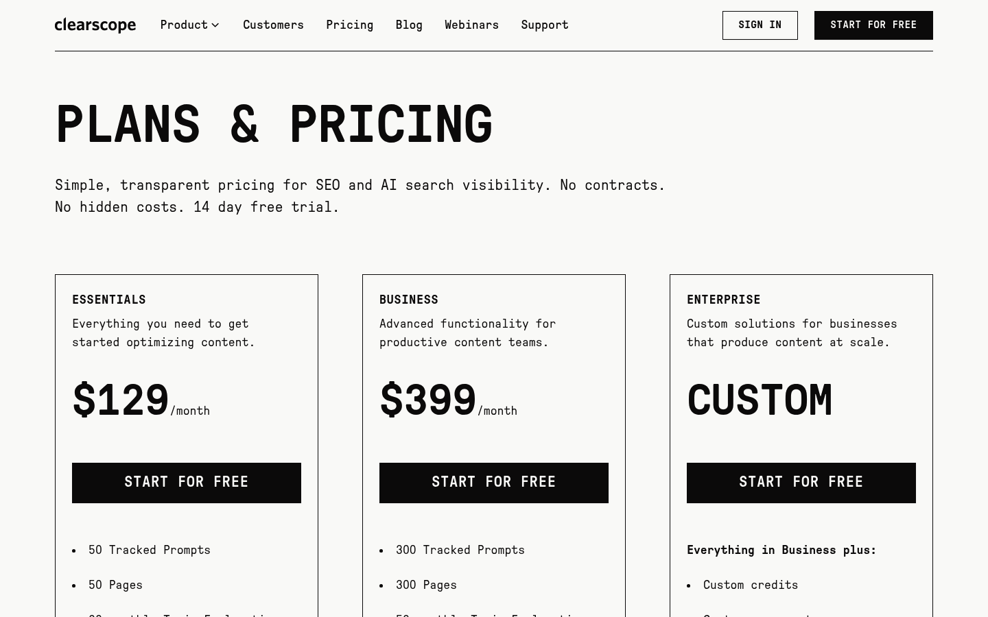 Screenshot of Clearscope's pricing page showing its plans and prices