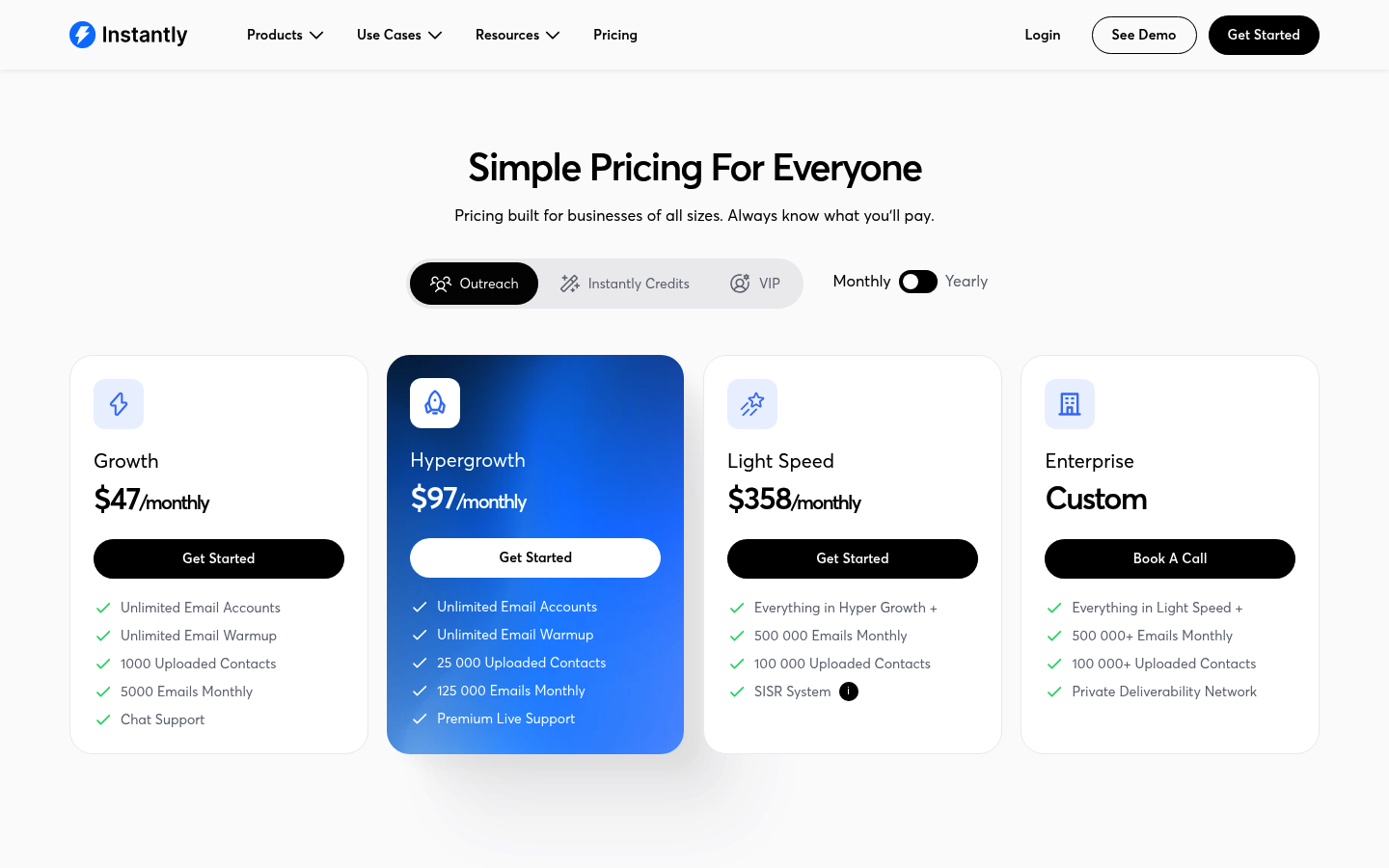 Screenshot of Instantly's pricing page showing its plans and prices