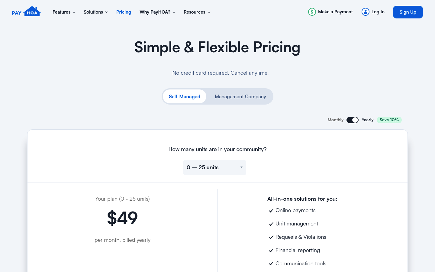 Screenshot of PayHOA's pricing page showing its plans and prices
