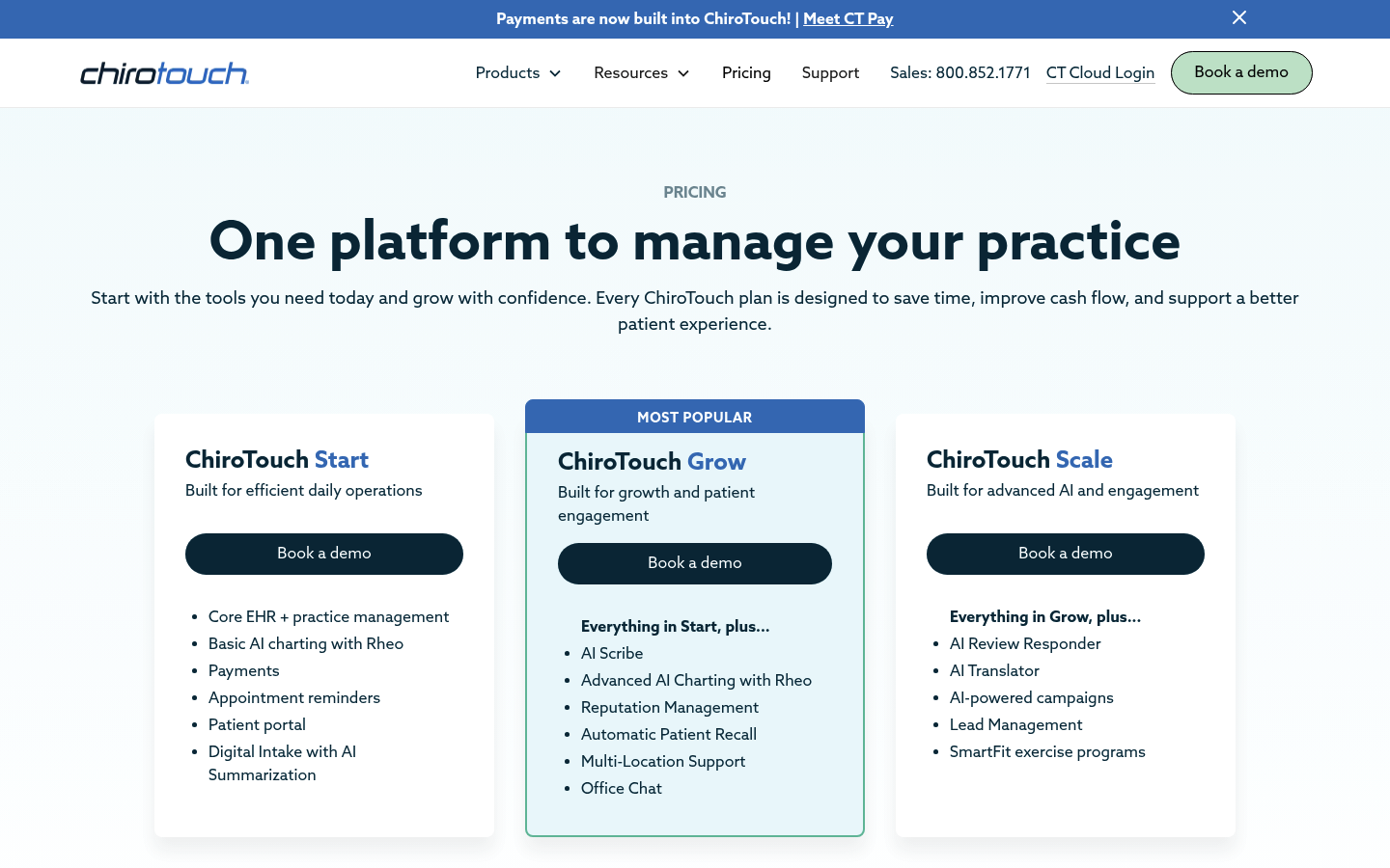 Screenshot of ChiroTouch's pricing page showing its plans and prices
