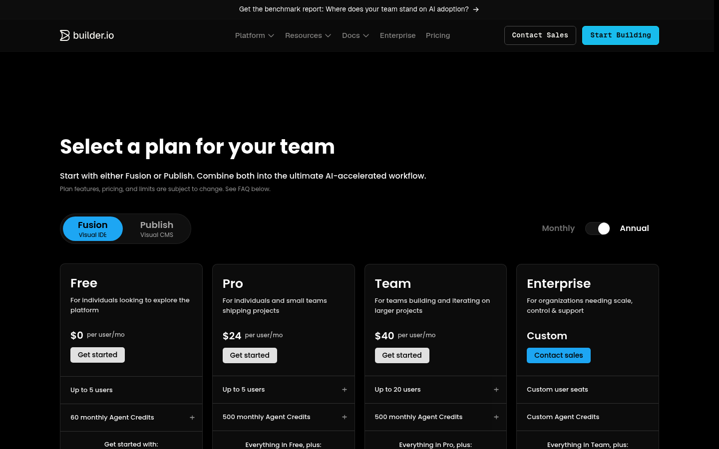 Screenshot of Builder.io's pricing page showing its plans and prices