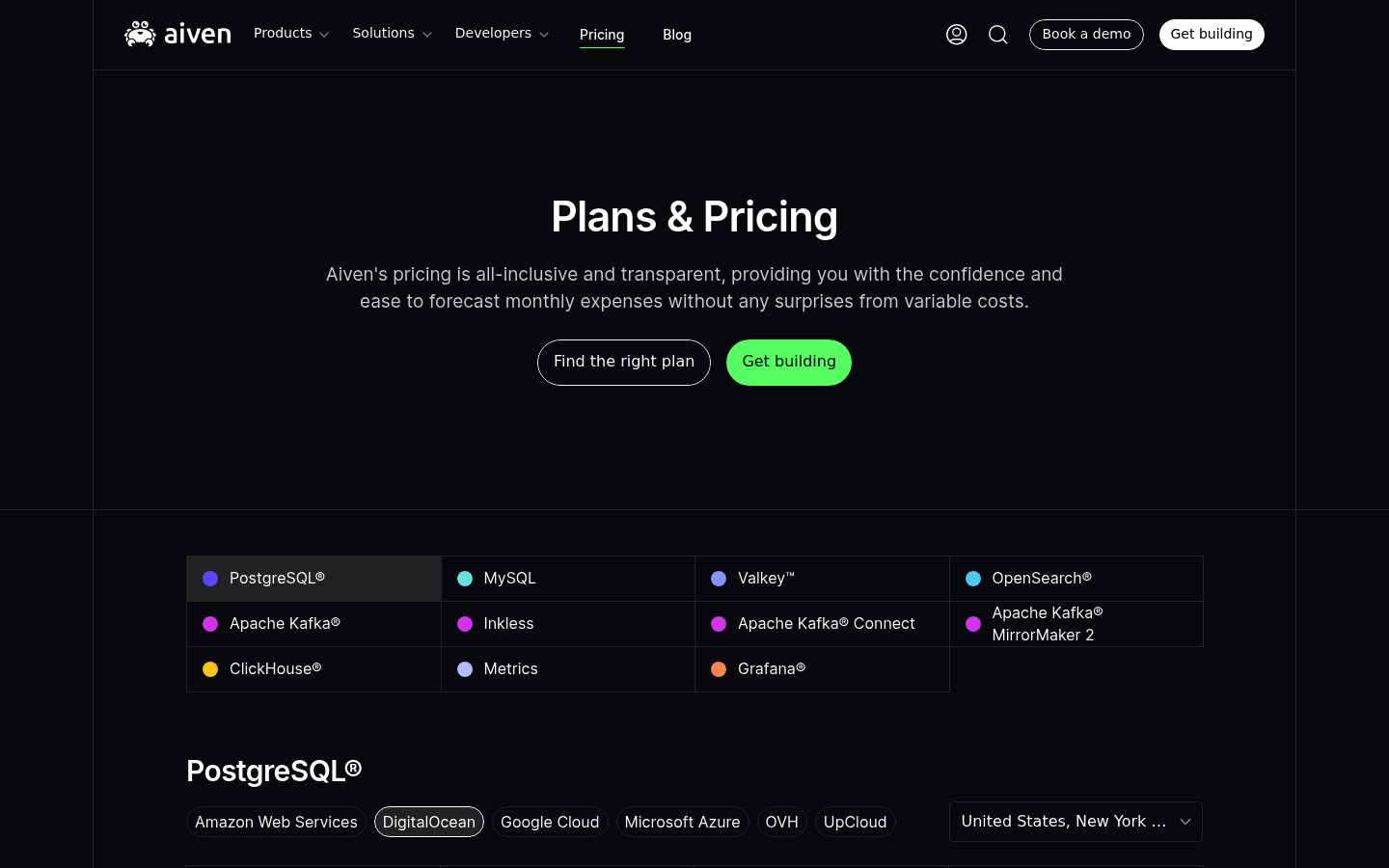 Screenshot of Aiven's pricing page showing its plans and prices