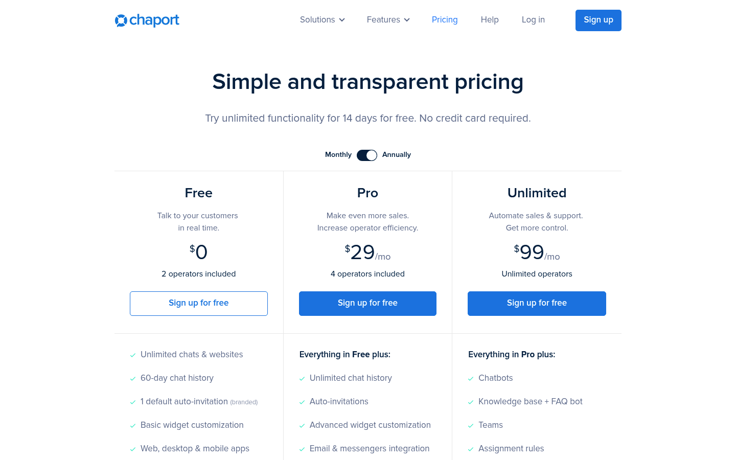 Screenshot of Chaport's pricing page showing its plans and prices