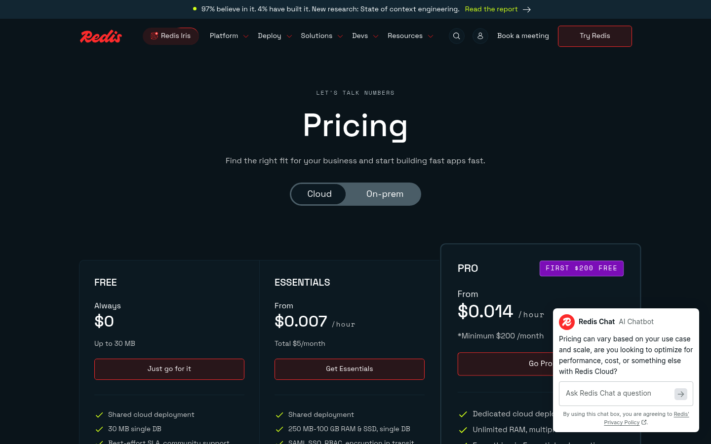 Screenshot of Redis Cloud's pricing page showing its plans and prices