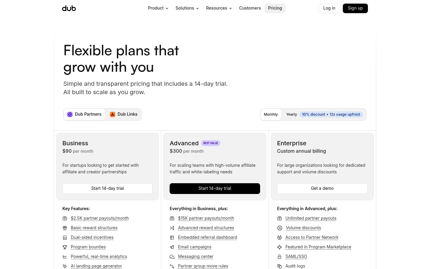 Screenshot of Dub's pricing page showing its plans and prices