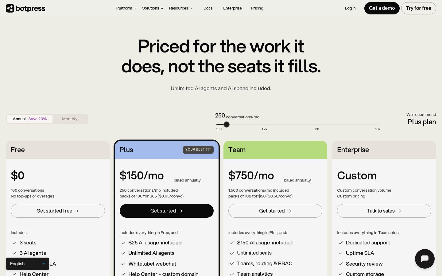 Screenshot of Botpress's pricing page showing its plans and prices