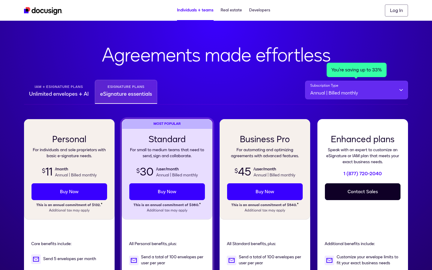 Screenshot of DocuSign's pricing page showing its plans and prices