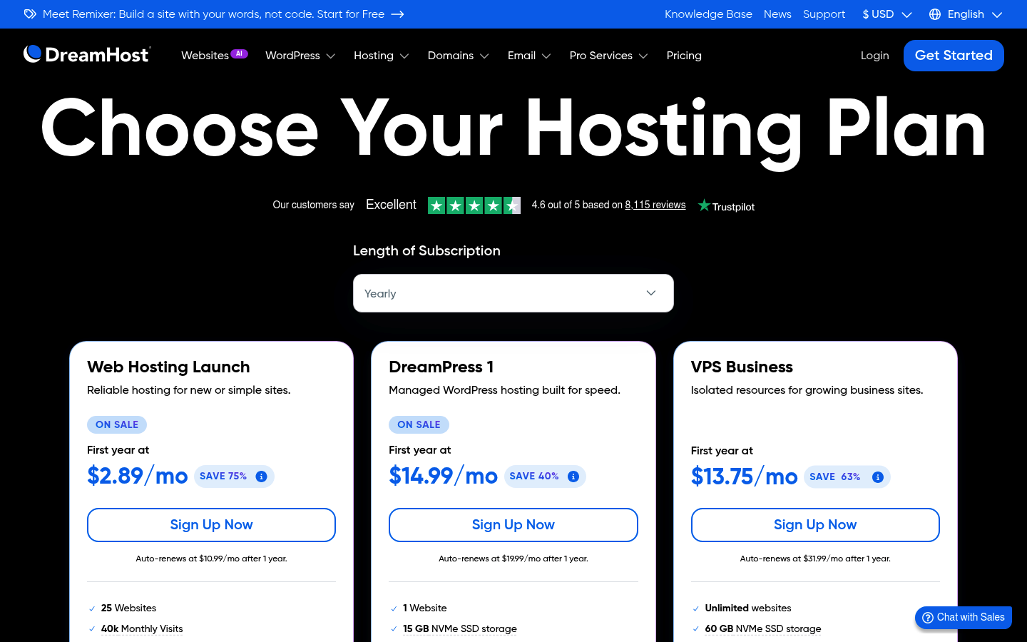 Screenshot of DreamHost's pricing page showing its plans and prices