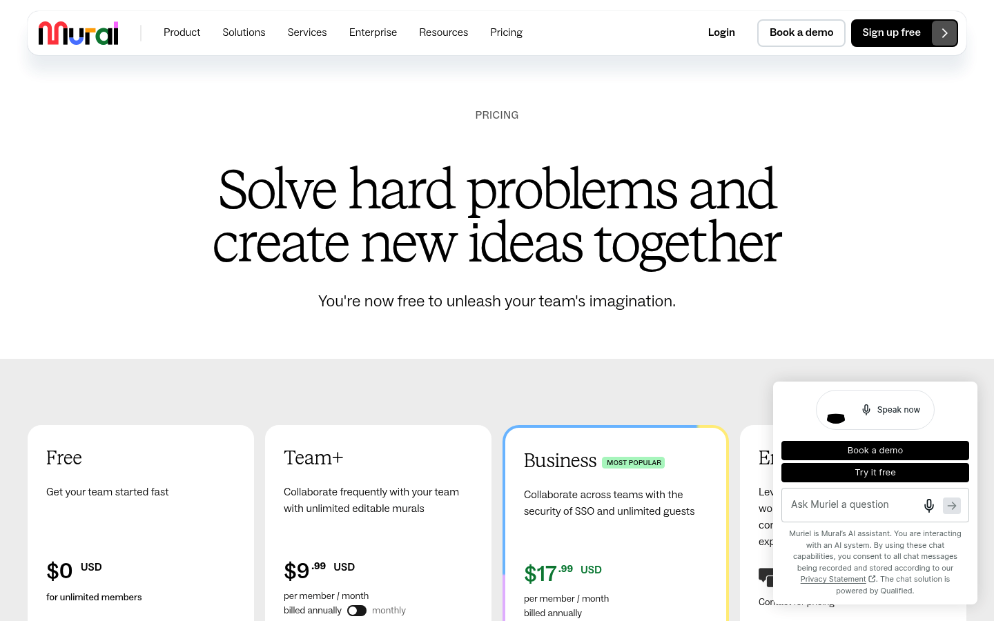 Screenshot of MURAL's pricing page showing its plans and prices