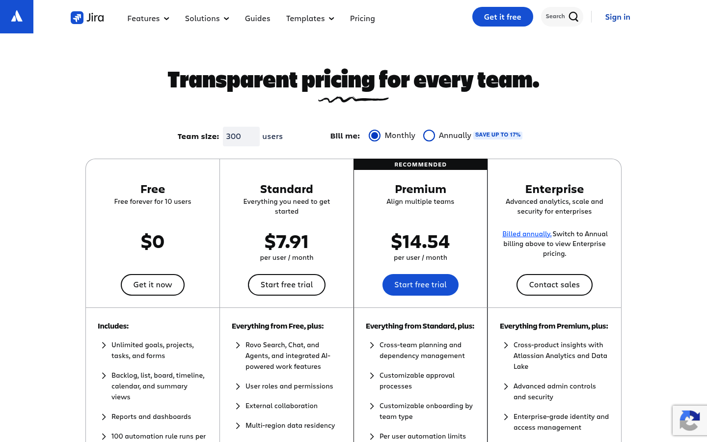 Screenshot of Jira's pricing page showing its plans and prices