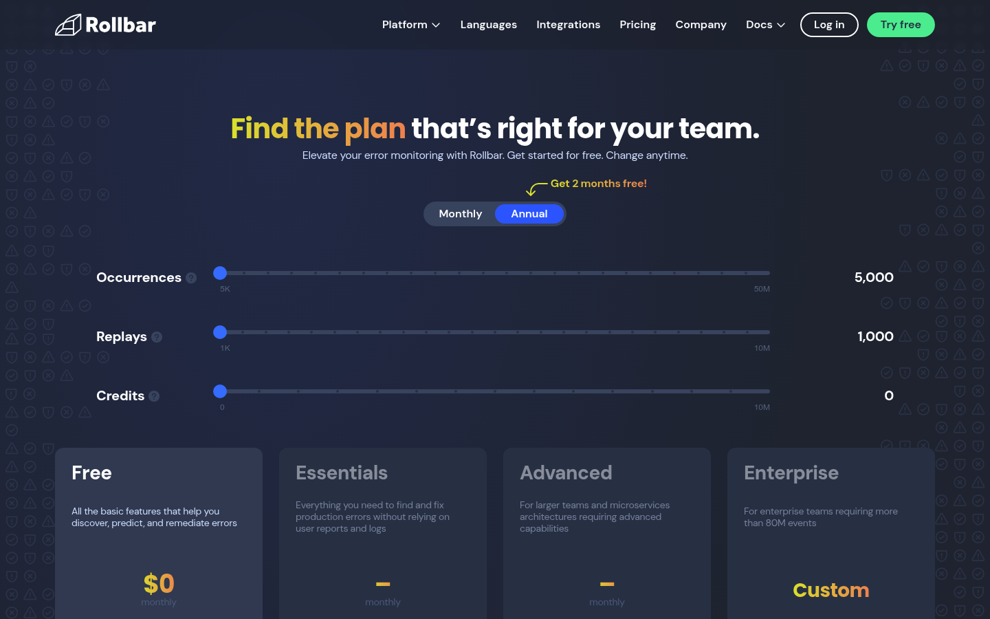 Screenshot of Rollbar's pricing page showing its plans and prices