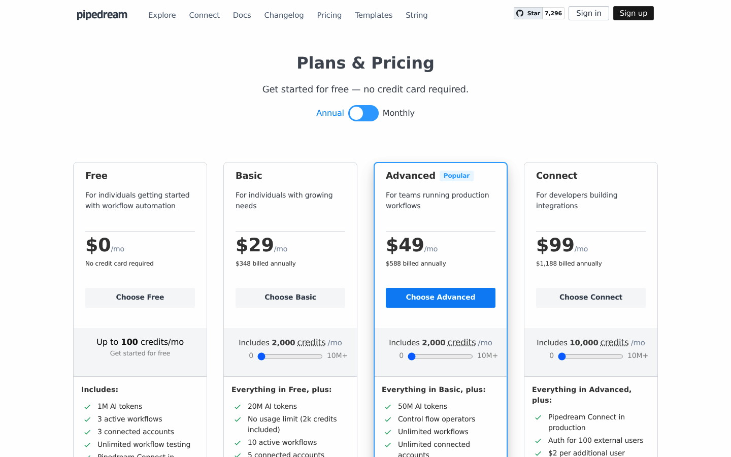 Screenshot of Pipedream's pricing page showing its plans and prices