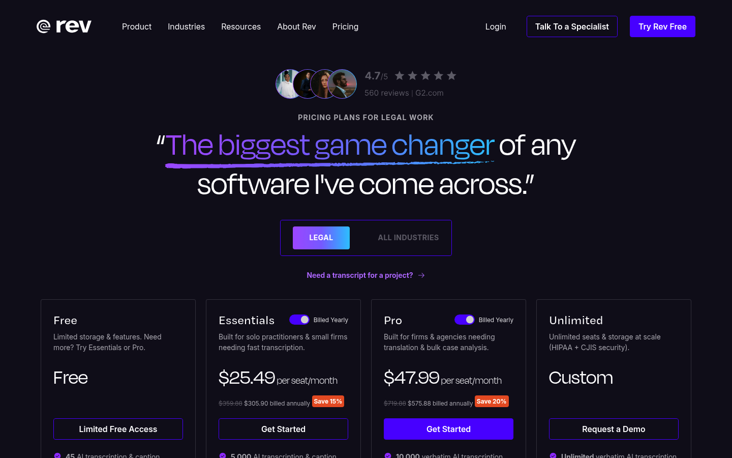 Screenshot of Rev's pricing page showing its plans and prices