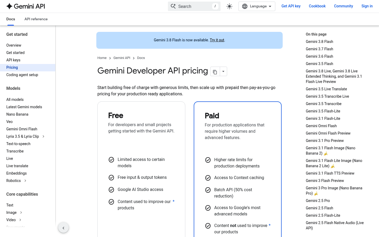 Screenshot of Gemini API's pricing page showing its plans and prices