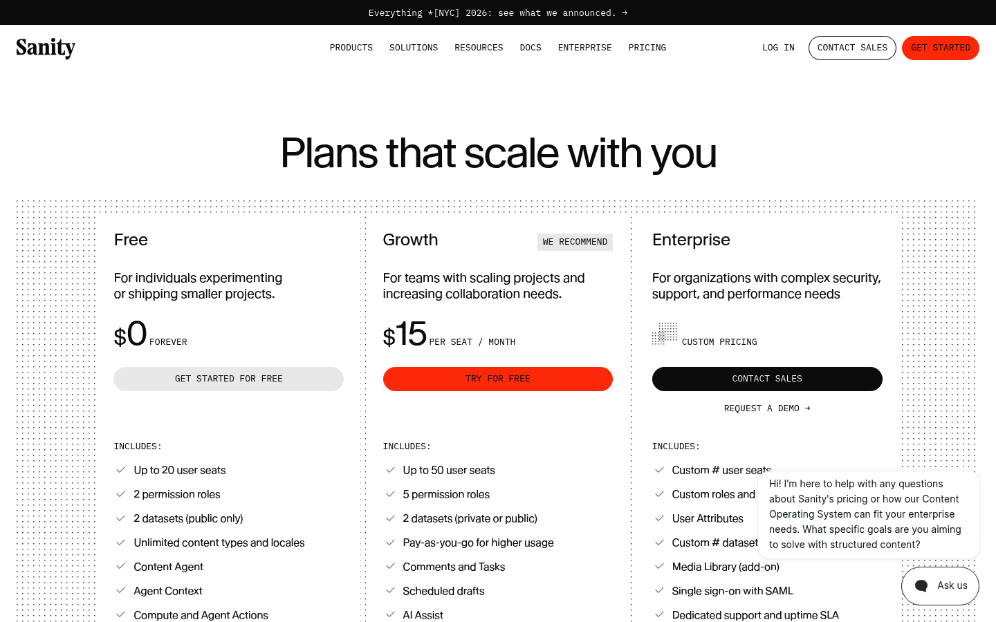 Screenshot of Sanity's pricing page showing its plans and prices