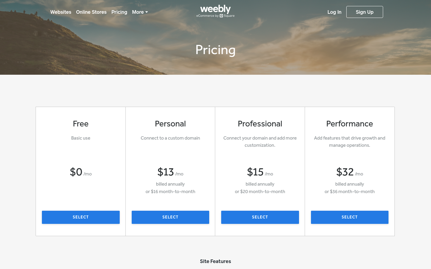 Screenshot of Weebly's pricing page showing its plans and prices