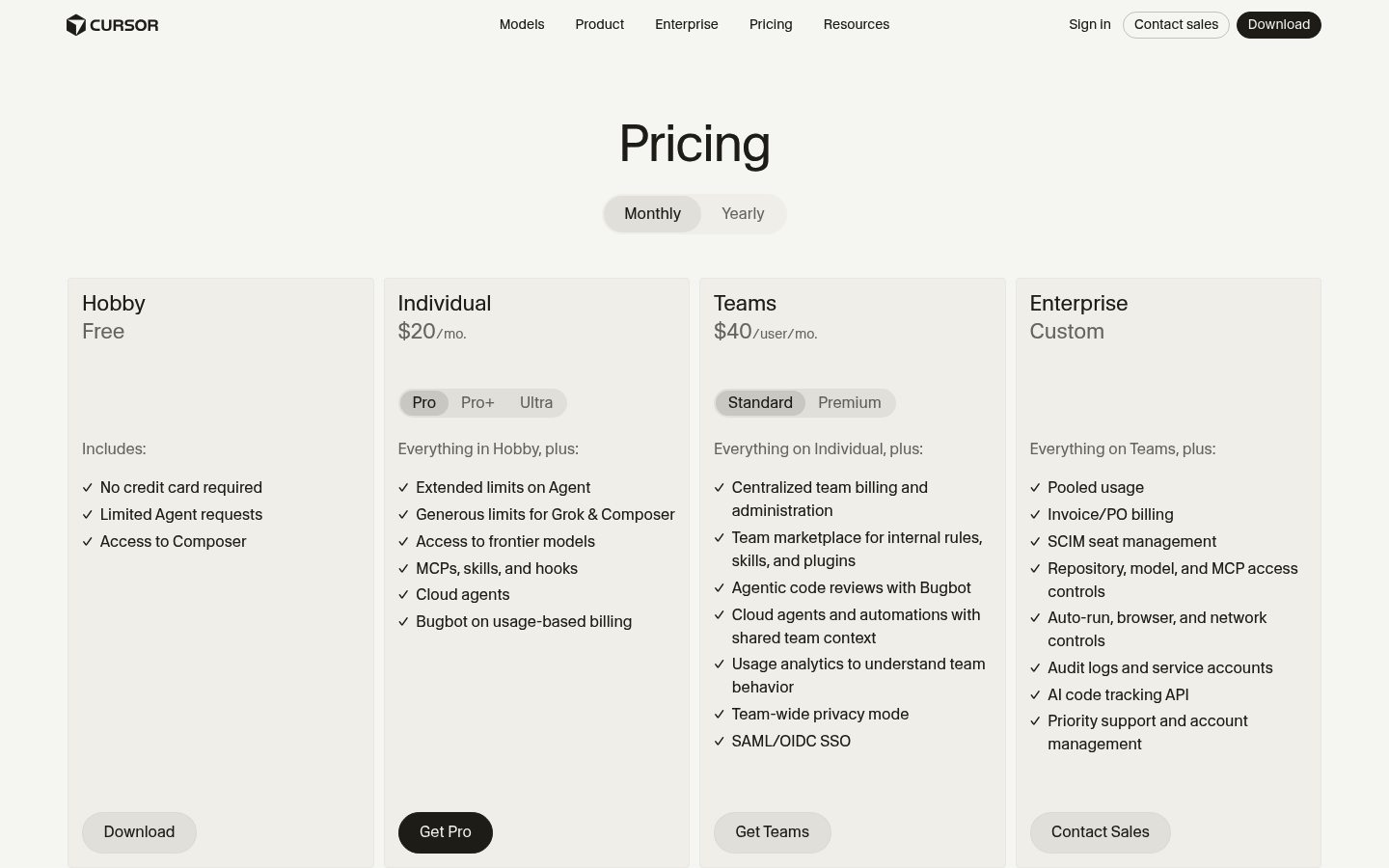 Screenshot of Cursor's pricing page showing its plans and prices