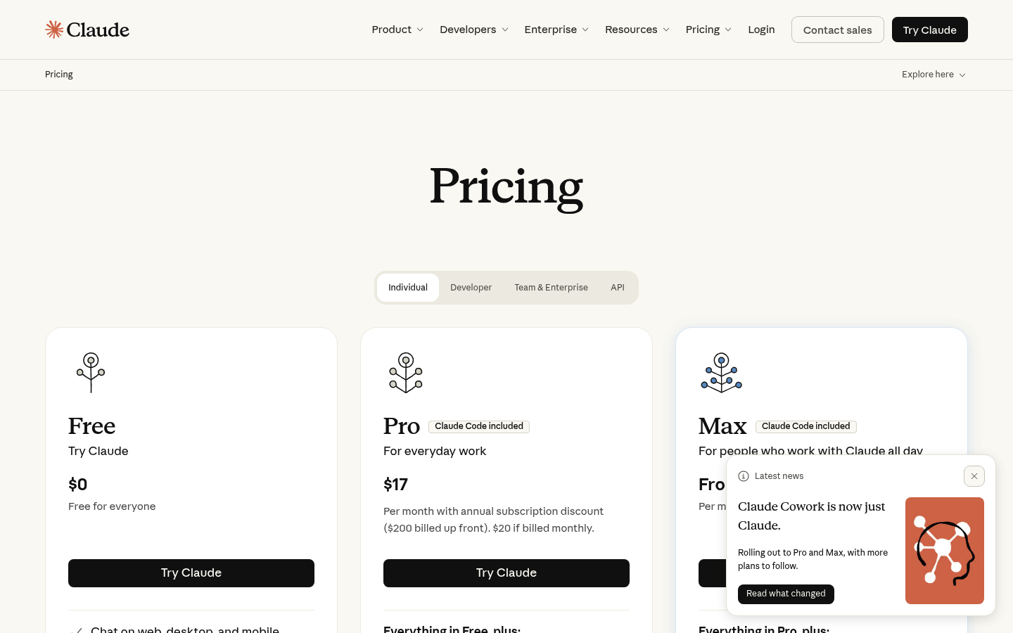 Screenshot of Claude's pricing page showing its plans and prices