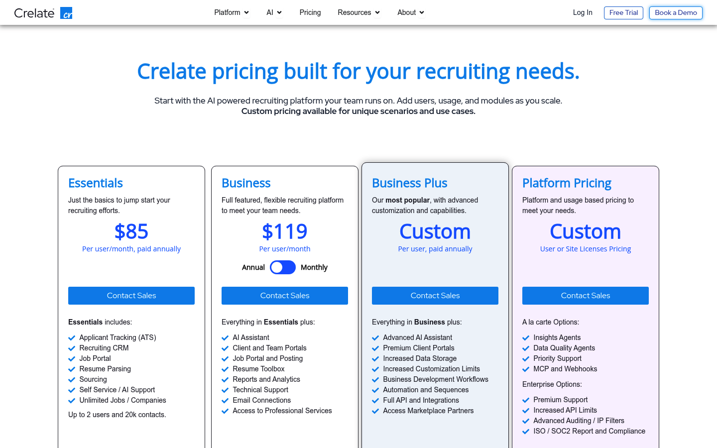 Screenshot of Crelate's pricing page showing its plans and prices
