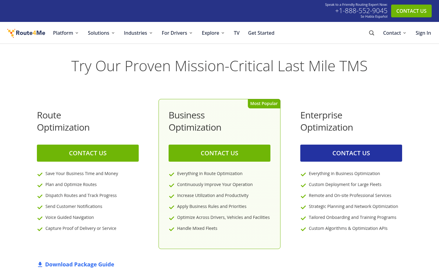 Screenshot of Route4Me's pricing page showing its plans and prices