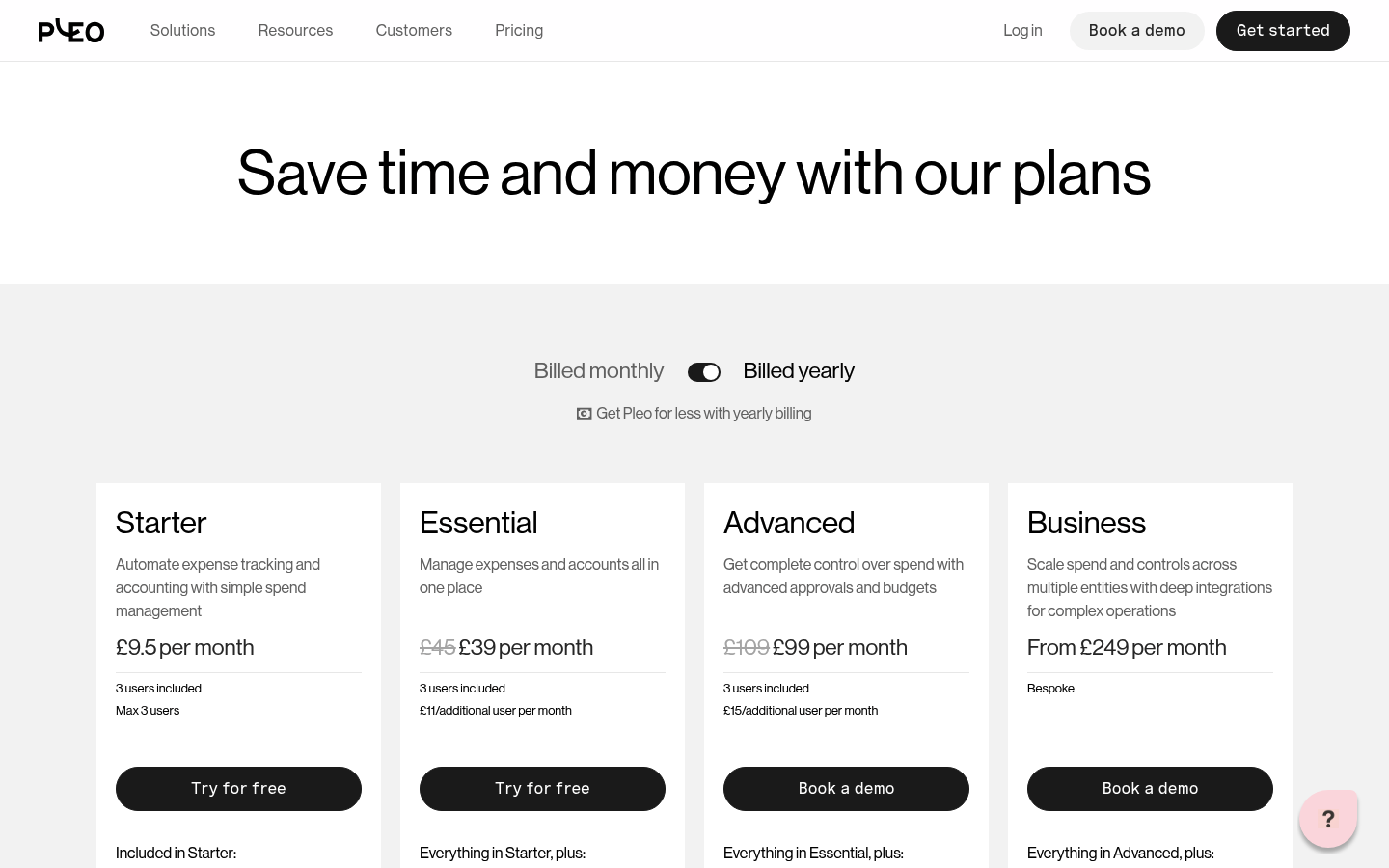 Screenshot of Pleo's pricing page showing its plans and prices