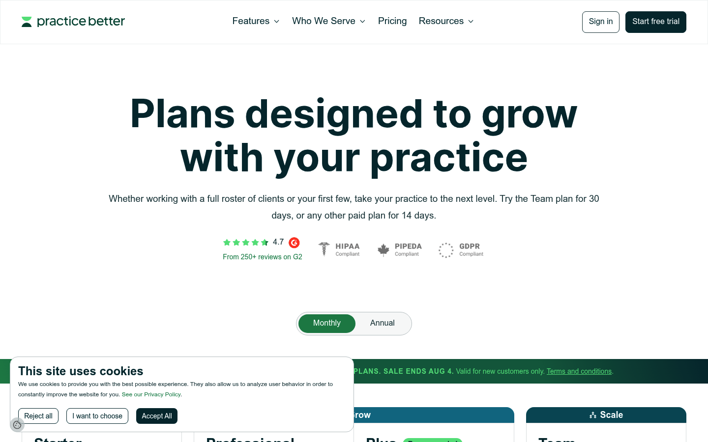 Screenshot of Practice Better's pricing page showing its plans and prices