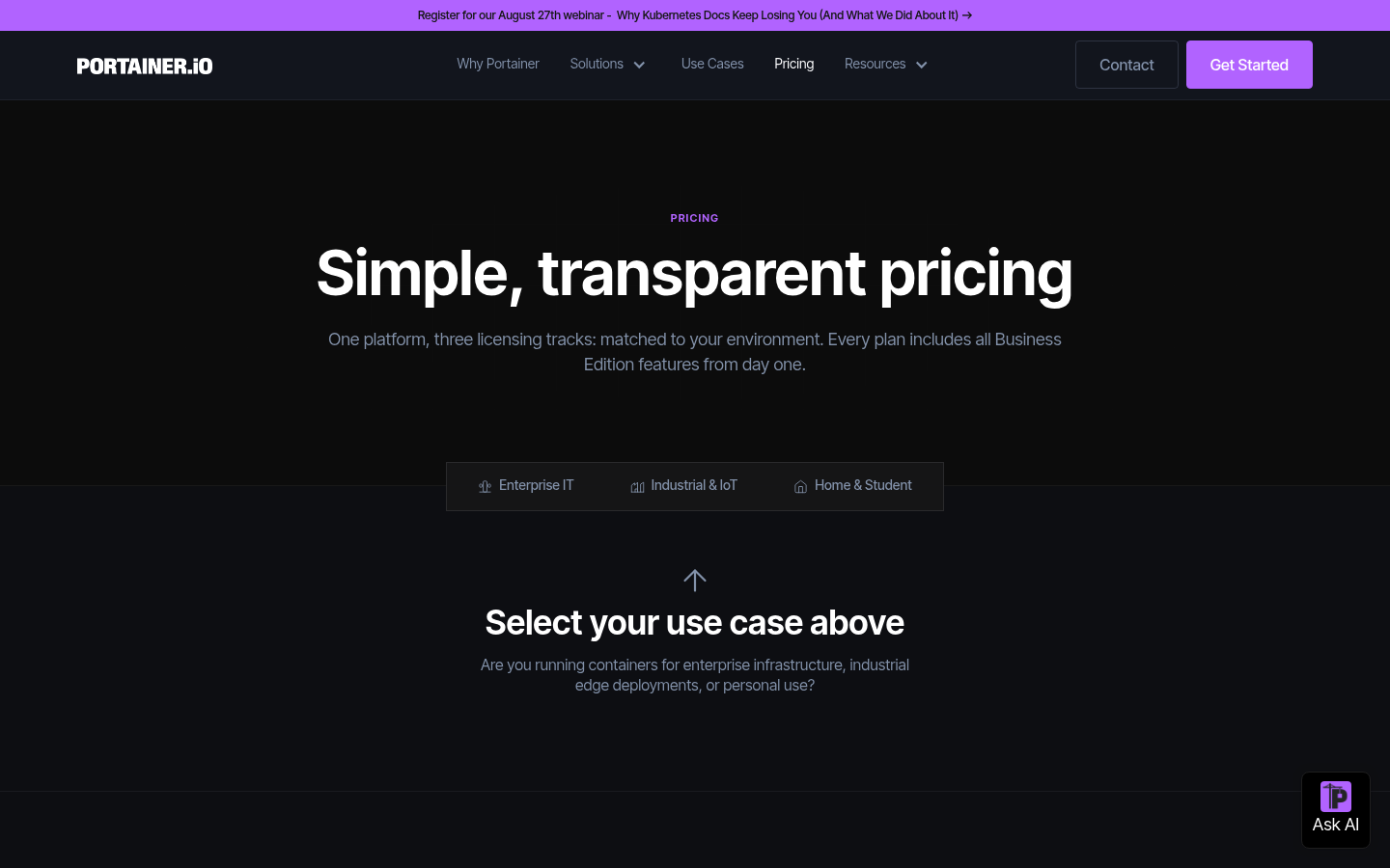 Screenshot of Portainer's pricing page showing its plans and prices