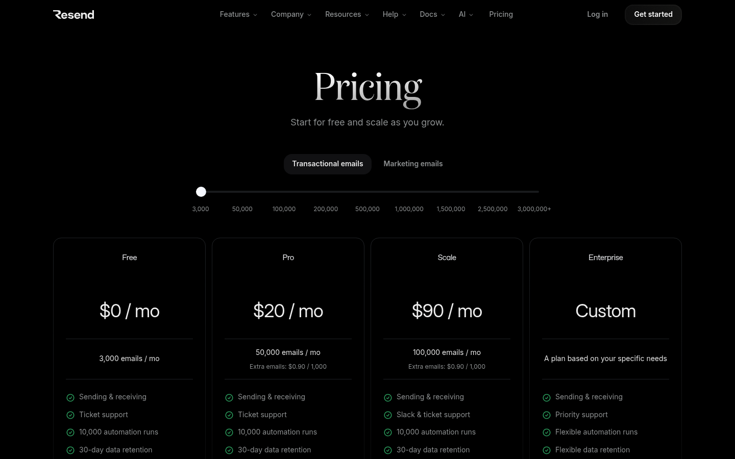 Screenshot of Resend's pricing page showing its plans and prices