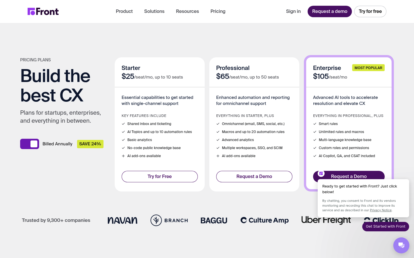 Screenshot of Front's pricing page showing its plans and prices