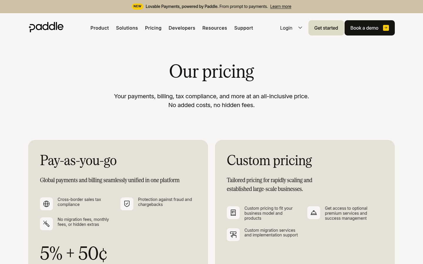 Screenshot of Paddle's pricing page showing its plans and prices