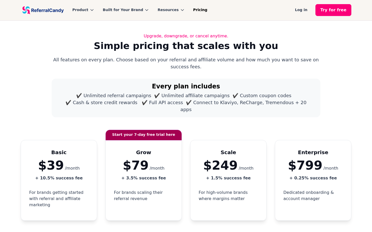 Screenshot of ReferralCandy's pricing page showing its plans and prices