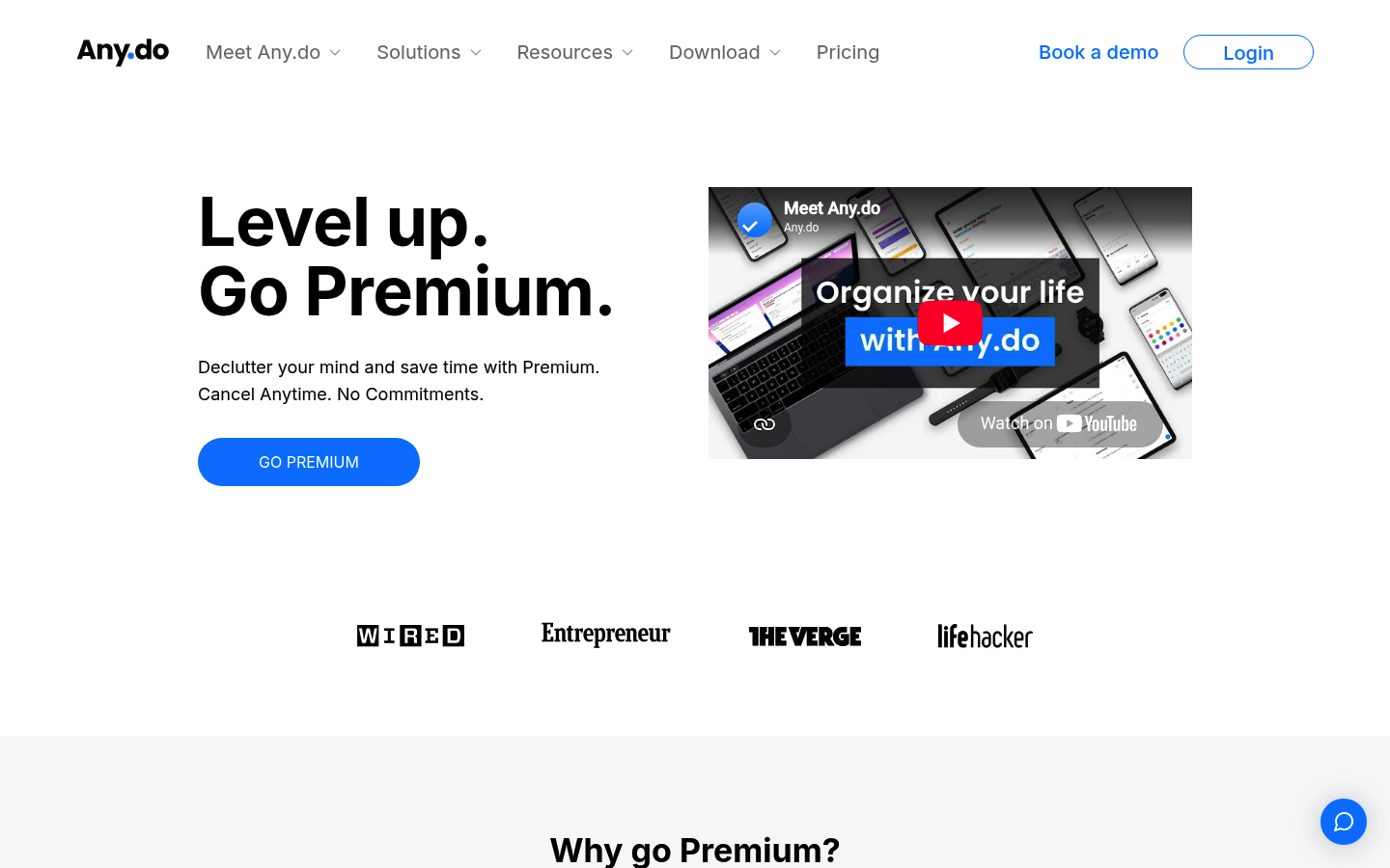 Screenshot of Any.do's pricing page showing its plans and prices