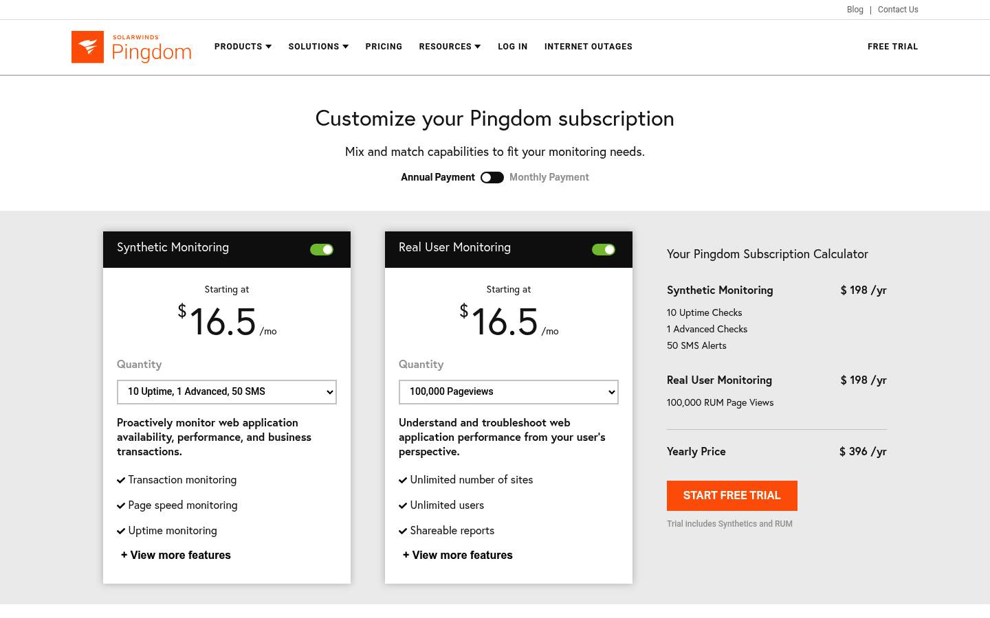 Screenshot of Pingdom's pricing page showing its plans and prices