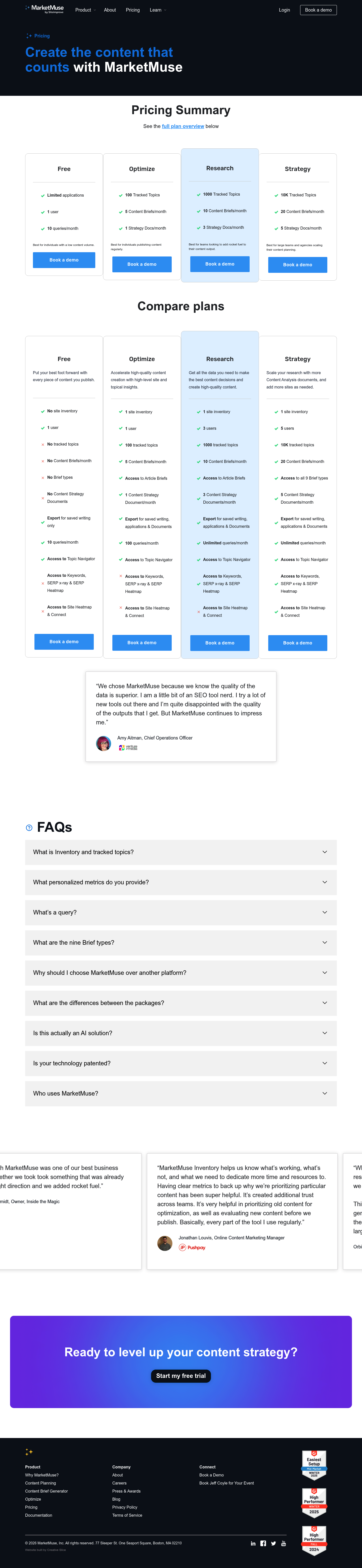 Screenshot of MarketMuse's pricing page showing its plans and prices