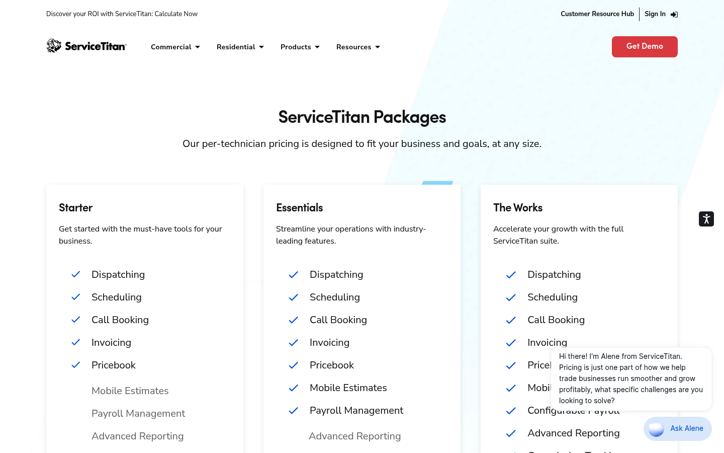 Screenshot of ServiceTitan's pricing page showing its plans and prices