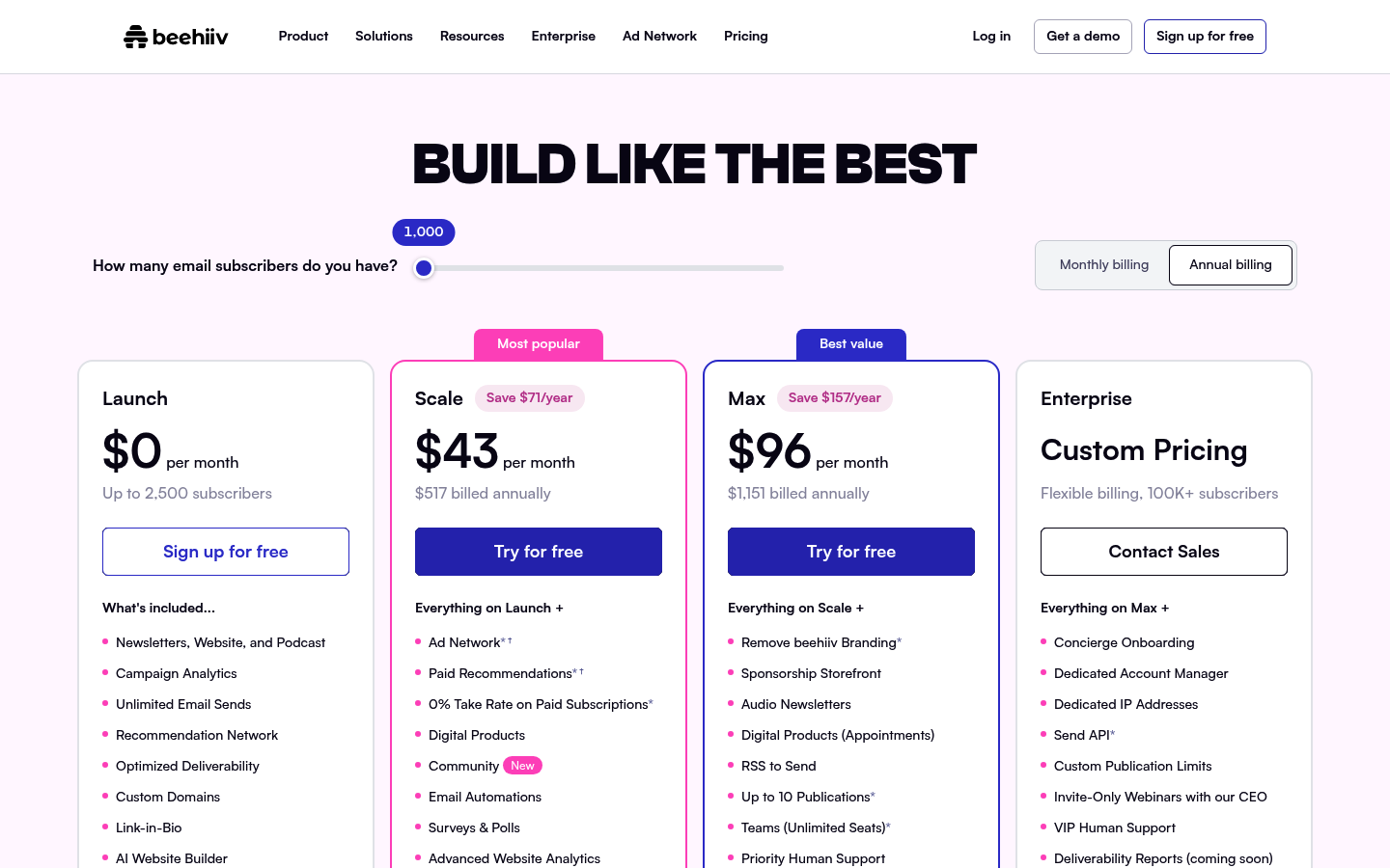 Screenshot of Beehiiv's pricing page showing its plans and prices
