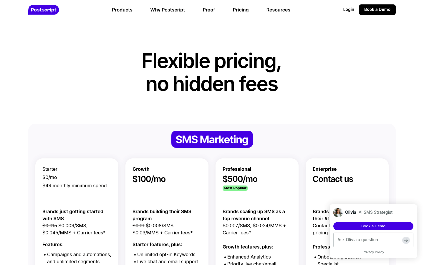Screenshot of Postscript's pricing page showing its plans and prices