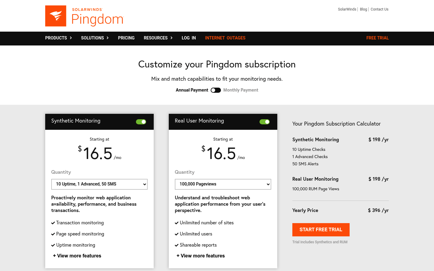 Screenshot of Pingdom's pricing page showing its plans and prices