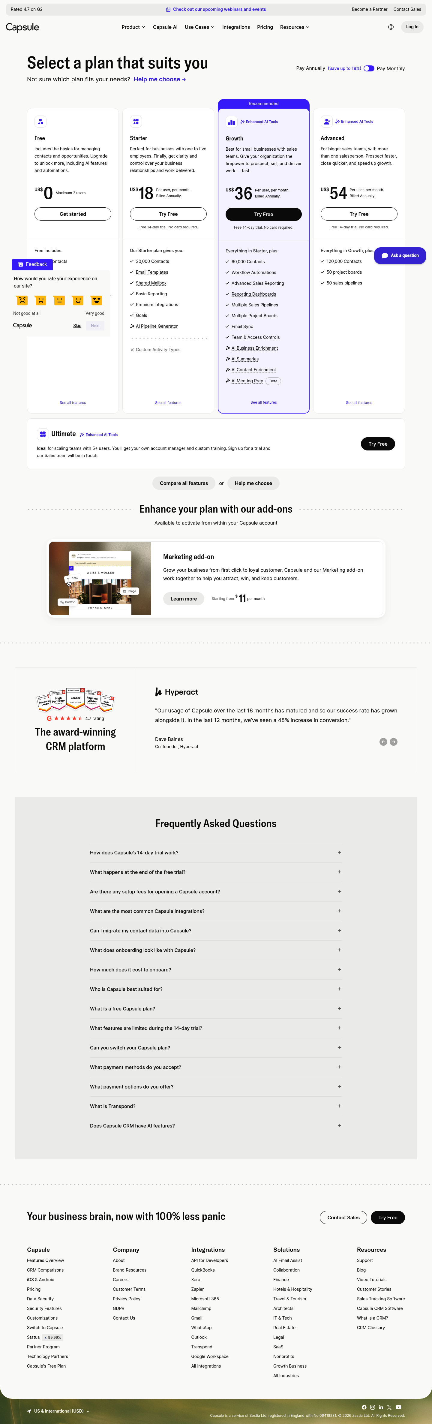 Screenshot of Capsule's pricing page showing its plans and prices